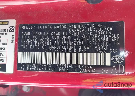 2009 Toyota Matrix S z USA, uszkodzony, nr VIN 2T1LE40E19C008645